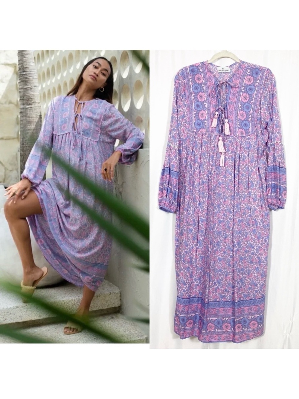 The Fox And The Mermaid Venice Bohemian Ximena Floral Tassel Midi Dress Lilac